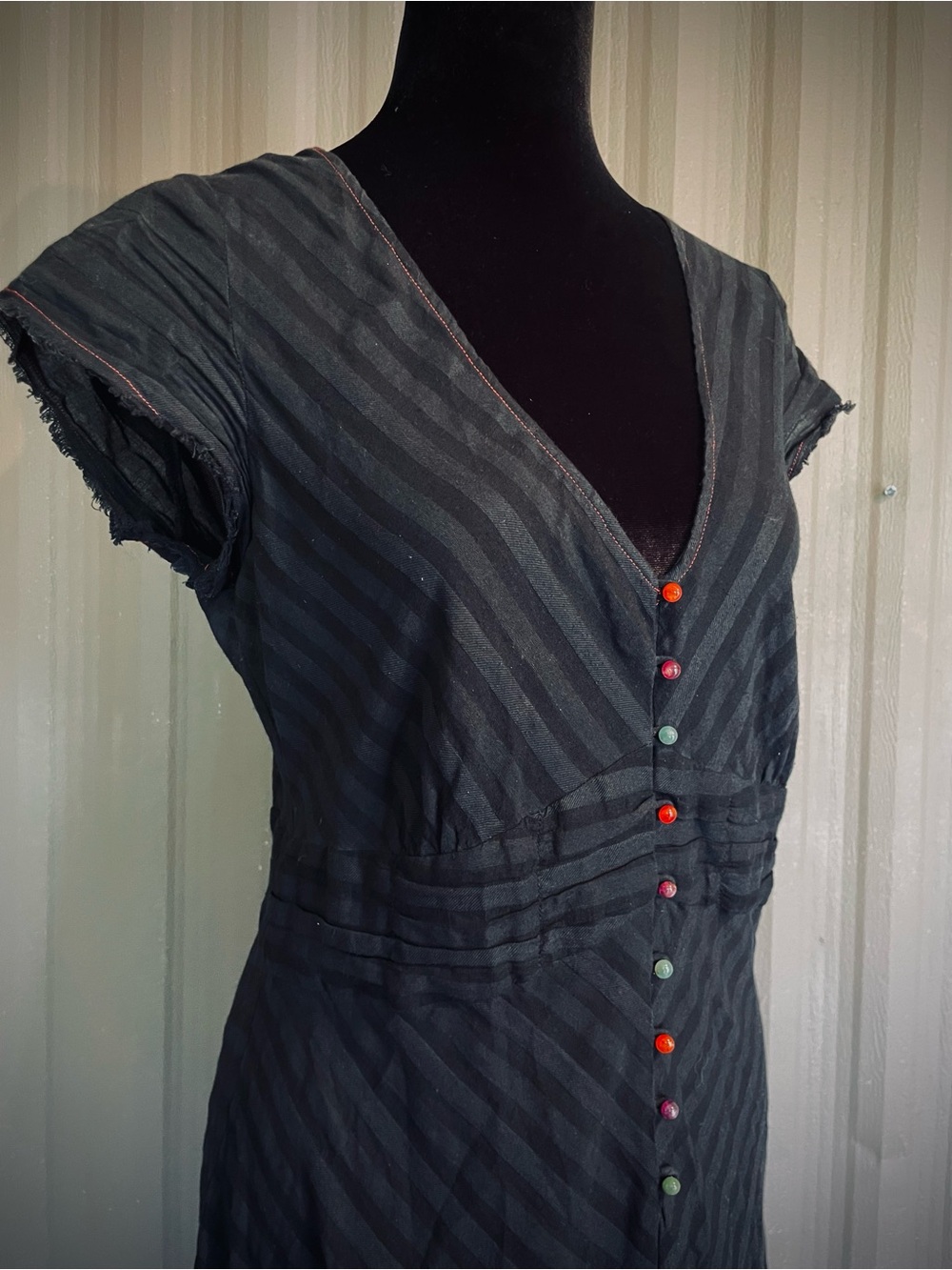 VTG Margaret O'Leary Midi Dress Black Button Whimsigoth Grunge Raw Hem Chevron M